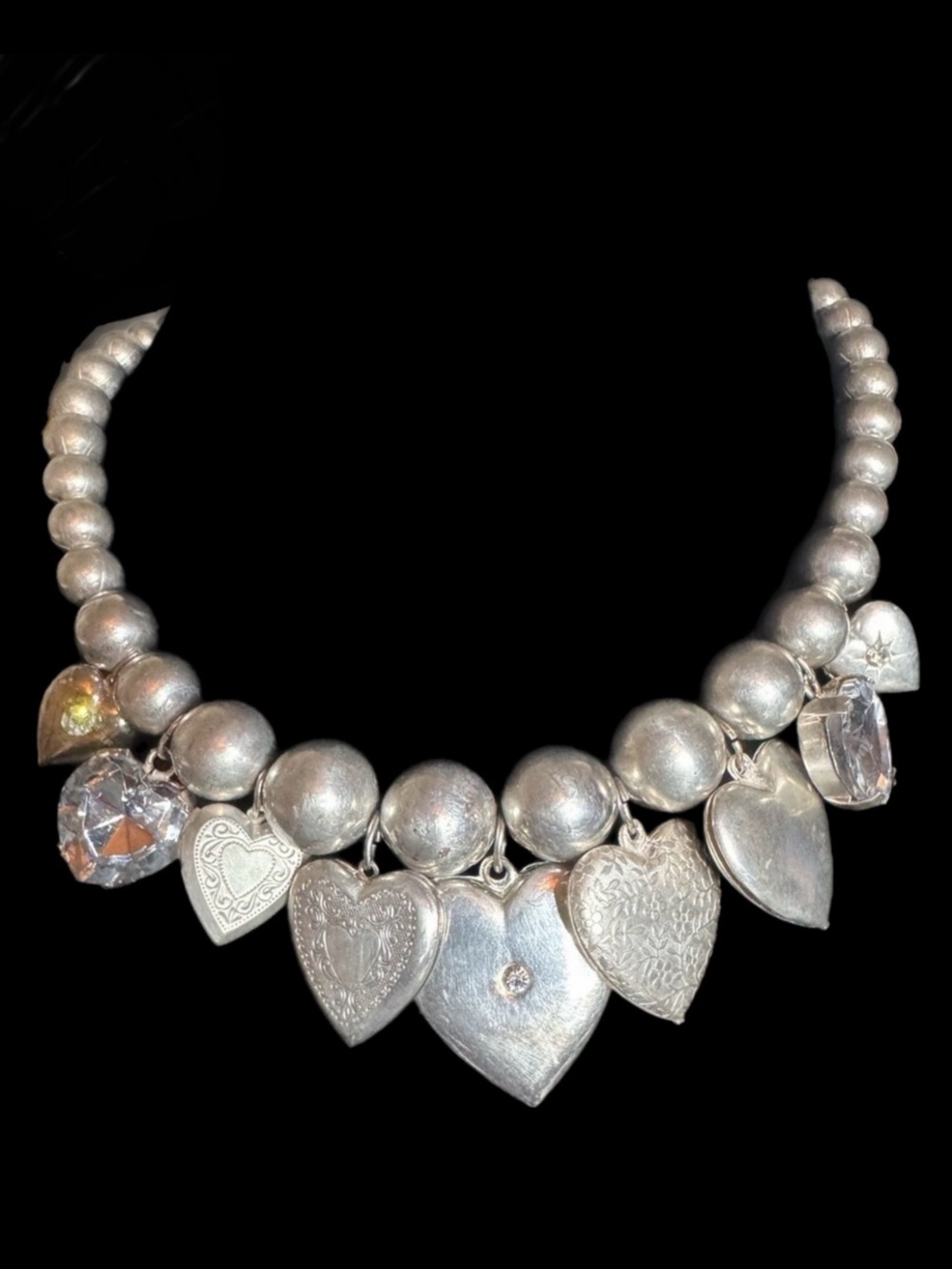 Vintage Silver Plated Beaded Heart Charm Necklace